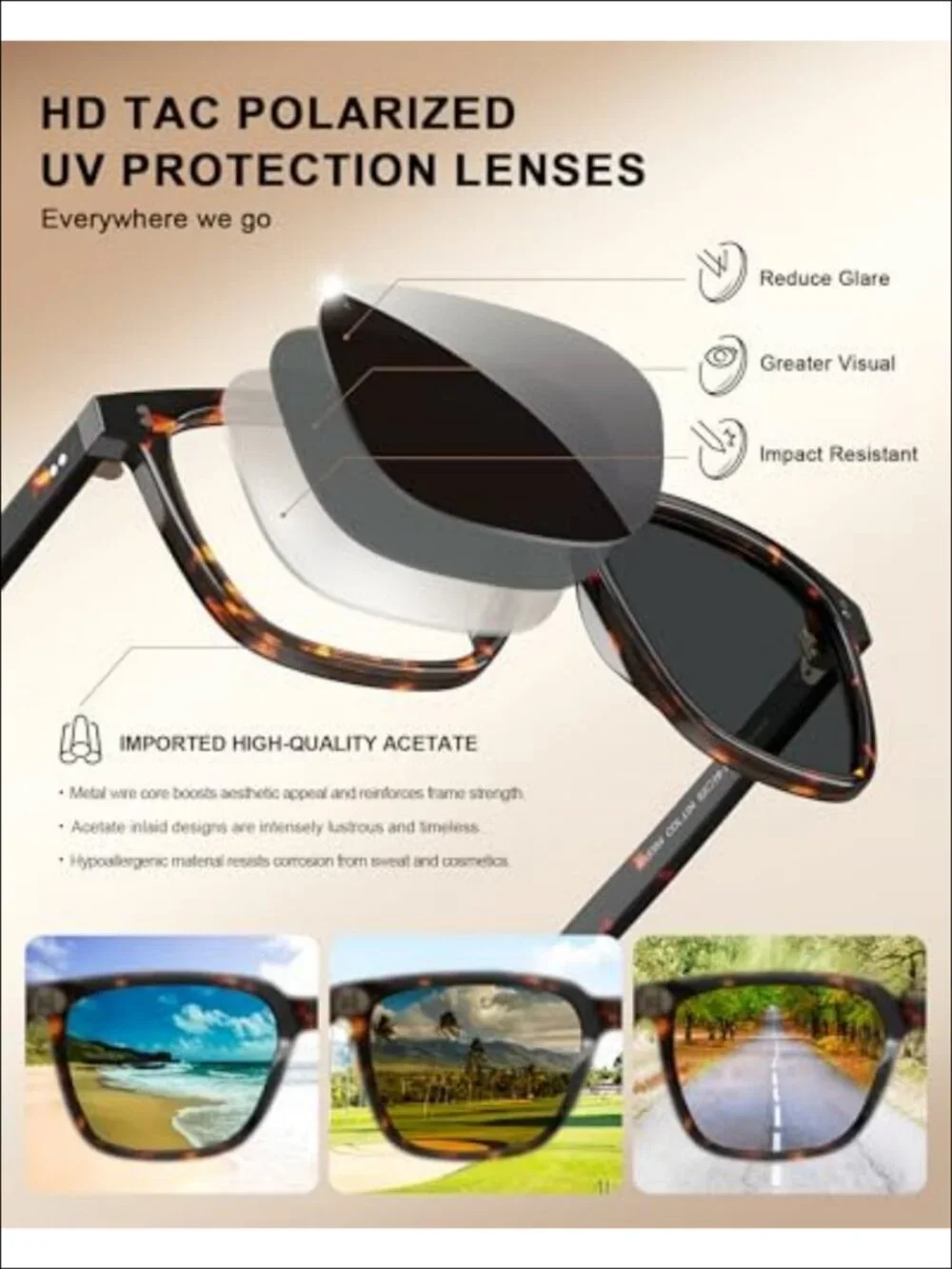 Acetate Polarized Sunglasses UV400 Protection Retro Square Women's Eyewear